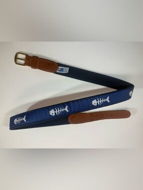 Preston Belt Mens 36 Blue Ribbon Fish Skeleton Nautical  Brass Buckle